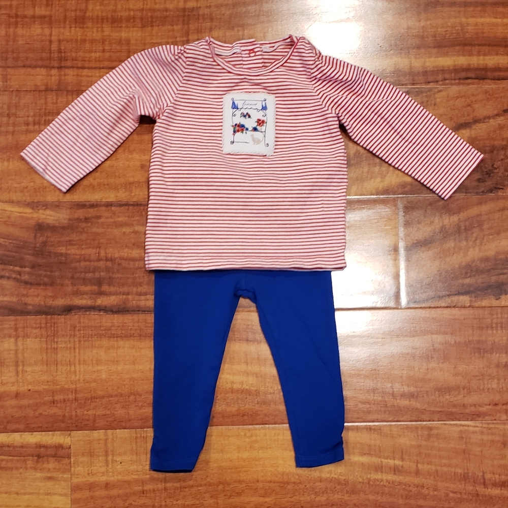 Janie and Jack EUC 6-12 months red striped applique top, cobalt ruched leggings